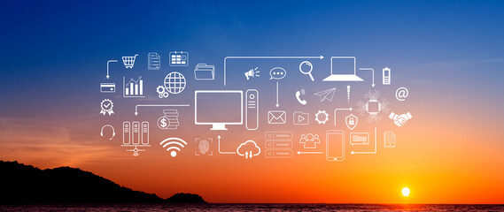 Technology equipment and line interface icons, Computer system resources and data storage, Cloud service technology marketing and business concept, for background.