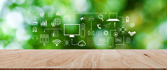 Technology equipment and line interface icons, Computer system resources and data storage, Cloud service technology marketing and business concept, for background.