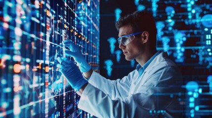 Scientist analyzing digital data on a high-tech interface, wearing safety glasses and gloves to ensure precision and safety in a futuristic lab.