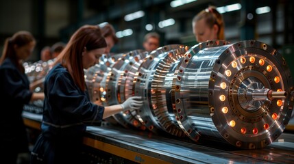 Engineers work meticulously on assembling an ion thruster for a satellite in a modern industrial setting.