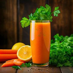 carrot juice, smoothie in a tall glass, with a sprig of parsley	