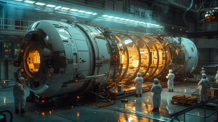 Engineers in white lab coats work on a large ion thruster for a satellite in a modern industrial facility.