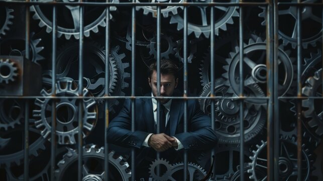 Man trapped by gears. Businessman trapped behind a cage of industrial gears, representing constraints and challenges.