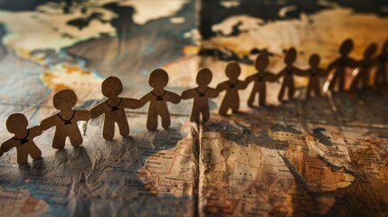 Global unity concept with paper figures. Symbolic representation of global togetherness on a vintage world map.