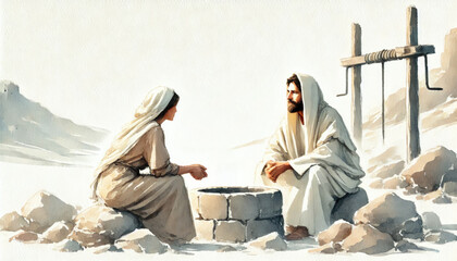 Jesus talking to a Samaritan Woman at the Well. Digital watercolor illustration.