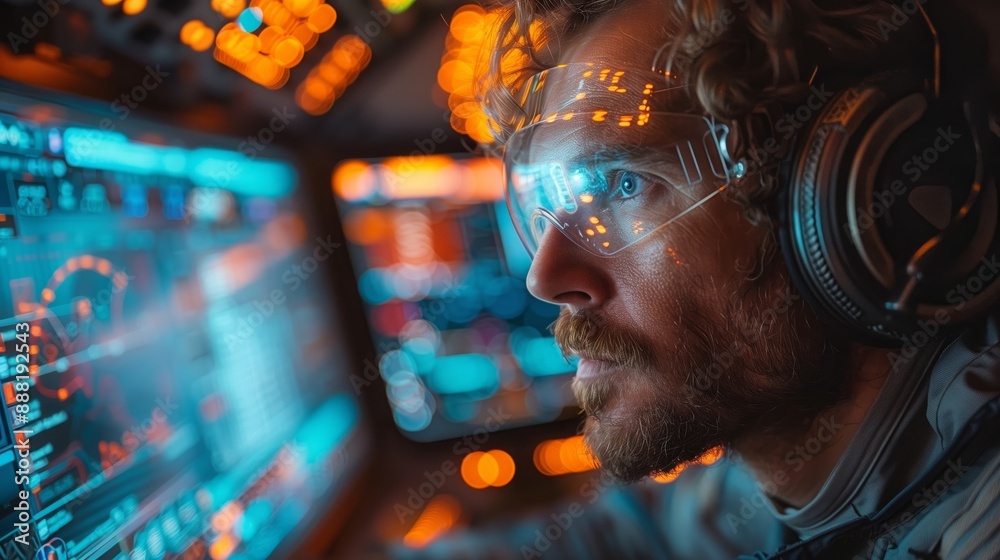 Poster engineer analyzes data from an autonomous spacecraft, focusing intently on a computer screen display