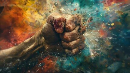 Powerful fist breaking through color explosion. Dramatic image of a clenched fist breaking through an explosion of vibrant color.