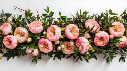 Floral pattern made of pink and beige roses green leaves branches on white background flat lay top view