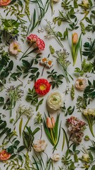 Floral pattern with spring flowers and leaves on white background flat lay composition