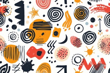 Obraz premium Hand-drawn seamless geometric design with trendy shapes. Bold brush stroke elements and abstract ornaments. Arrows, dots, spirals, stars, and curved lines. Abstract geometric pattern