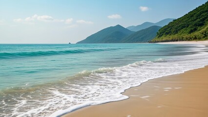  Tranquil beach scene with gentle waves lapping the shore