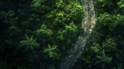 Aerial top view, mountaint road in dark green forest,