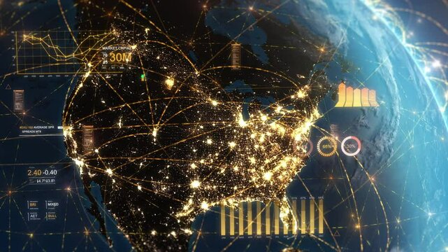 Earth Globe Hologram Spinning North American Map City Lights, Networks and Financial Charts. Futuristic Business Technology Concept, Artificial intelligence, IOT, AR. United States, Mexico, Canada.
