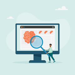Neuroscience and brain research concept. The human brain and psychology. A character examines a head tomography scan on the screen. Vector illustration.	
