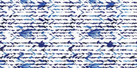 Summery ikat zig zag border pattern in painterly brushstroke digital design. Modern coastal living printed textile decor in seamless banner tape template.