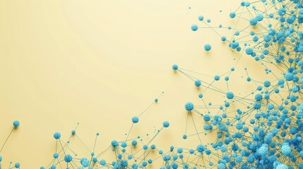 Cobalt blue dots linked by azure threads on a soft yellow background, text space in the bottom center