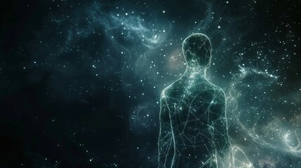 Cosmic human figure, starry galaxy background. Digital art of a human form composed of constellations and stars in space.