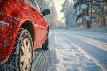 Naklejka premium close up view of car wheel on snowy road