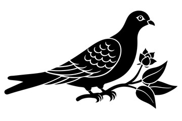Dove leaning on a branch in tree with a flower in its beak vector art illustration