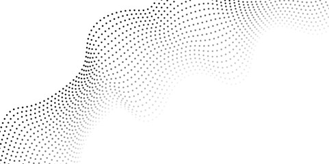 Flowing dots particles wave pattern halftone gradient curve shape isolated on transparent background. halftone black gradient curve shape isolated on white background. Vector in concept of technology