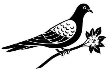 Dove leaning on a branch in tree with a flower in its beak vector art illustration