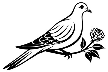 Dove leaning on a branch in tree with a flower in its beak vector art illustration