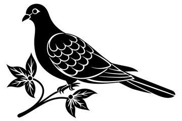 Dove leaning on a branch in tree with a flower in its beak vector art illustration