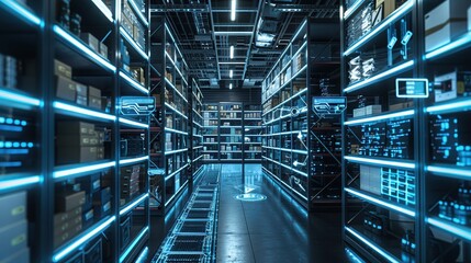 A futuristic warehouse with shelves of boxes and a glowing floor
