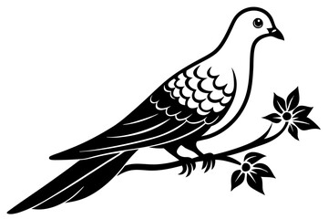 Dove leaning on a branch in tree with a flower in its beak vector art illustration