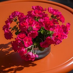 Beautiful pink geraniums flowers in a vase on an orange surface