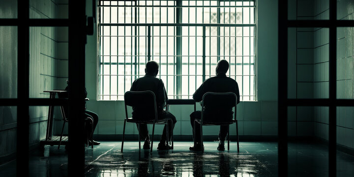 A prison inmate meeting with their defense attorney in a visiting room, discussing legal strategy and next steps.