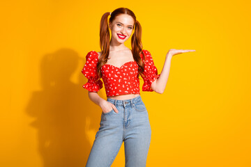 Photo portrait of lovely young lady hold empty space dressed stylish red garment isolated on yellow color background