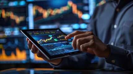 Businessman holding tablet and showing holographic graphs and stock market statistics gain profits. Concept of growth planning and business strategy