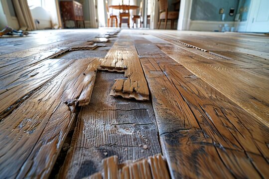 close-up shot of poorly installed laminate flooring with visible scratches and cracks.