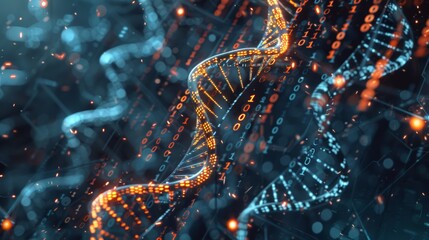 Conceptual Artwork of DNA Data Storage Featuring Digital Helix and Binary Code in High-Tech Glowing Background