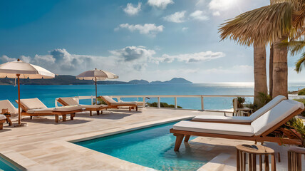 Fototapeta premium A luxurious modern white beach hotel features a sparkling swimming pool, sunbeds on a sundeck, and a stunning sea view in the background, offering an exquisite and relaxing vacation experience