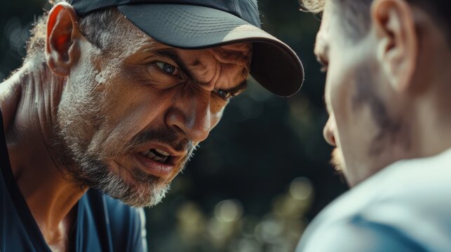 Close-up of a player arguing with a coach. Conflict between an athlete and a coach. Confrontation between two strong men
