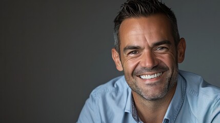 Confident businessman with short dark hair smiles in a casual headshot portrait