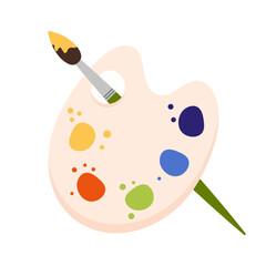 Artist's palette. Painter's tools with watercolour, brash and palette. Drawing equipment.  Vector illustration in flat style isolated on white background