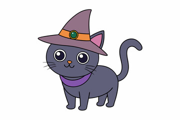 Cute Cat in Witch Hat Vector Illustration Cartoon Clipart and Line Art Design