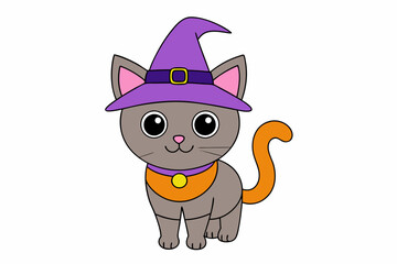 Cute Cat in Witch Hat Vector Illustration Cartoon Clipart and Line Art Design