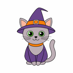 Cute Cat in Witch Hat Vector Illustration Cartoon Clipart and Line Art Design