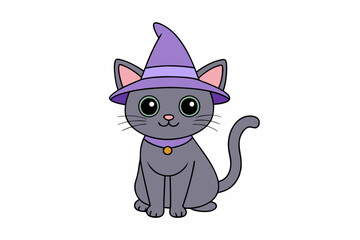 Cute Cat in Witch Hat Vector Illustration Cartoon Clipart and Line Art Design