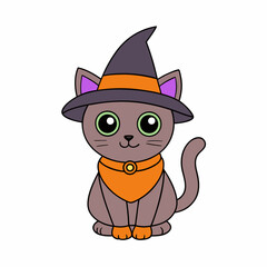 Cute Cat in Witch Hat Vector Illustration Cartoon Clipart and Line Art Design