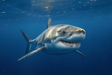 Naklejka premium A shark is swimming in the ocean with its mouth wide open. The shark is surrounded by water and he is in a relaxed state