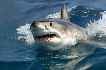 Obraz premium A shark is swimming in the ocean with its mouth open. The shark is large and has a menacing look on its face. The water is calm, but the shark is creating ripples as it swims