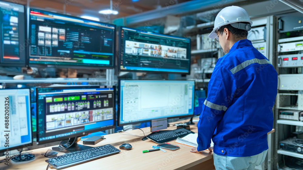 Wall mural engineer working at control room,manager control system,technician man monitoring program from a lot