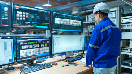 Engineer working at control room,Manager control system,Technician man monitoring program from a...