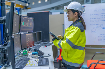 Fototapeta premium Inside the large Industry Factory Female Computer Engineer Works on Personal Computer She coding program for control machine,Thailand people work on fours monitors,Programmer working with serious