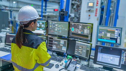 Inside the large Industry Factory Female Computer Engineer Works on Personal Computer She coding program for control machine,Thailand people work on fours monitors,Programmer working with serious